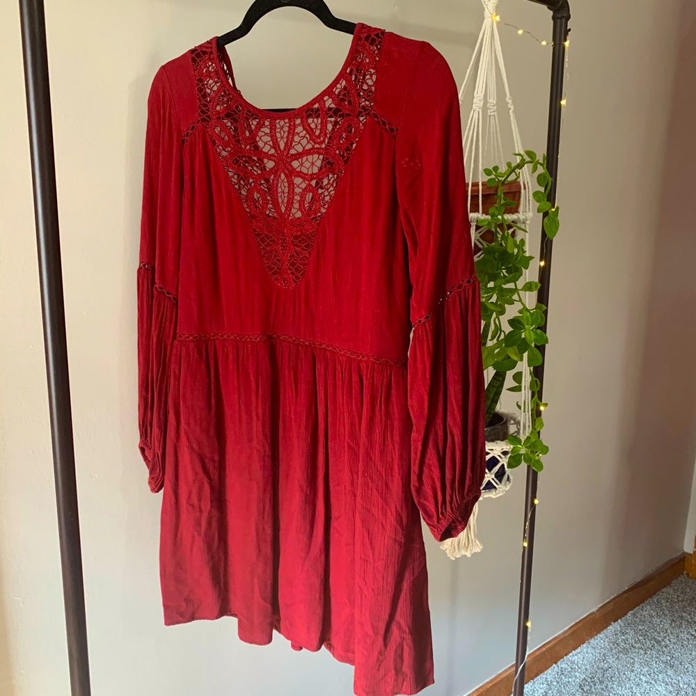 American Eagle Red Crochet Long Sleeve Dress